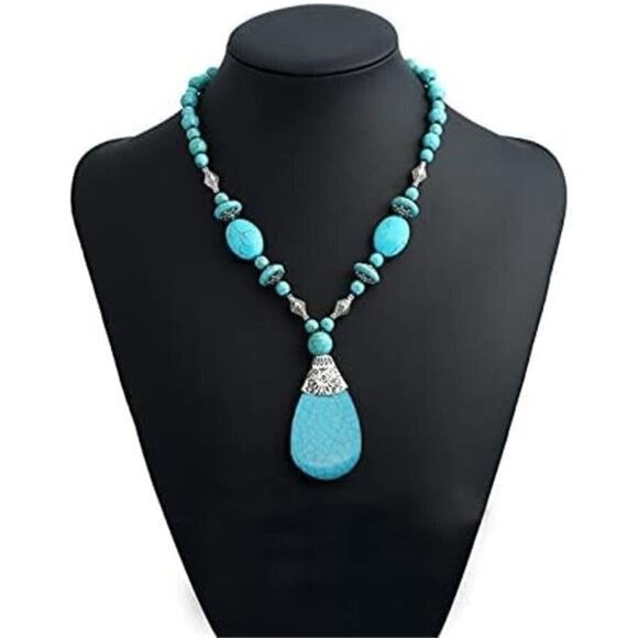 Bohemian Turquoise Necklace Earrings Bracelet Set-Western Jewelry set- - Picture 4 of 6